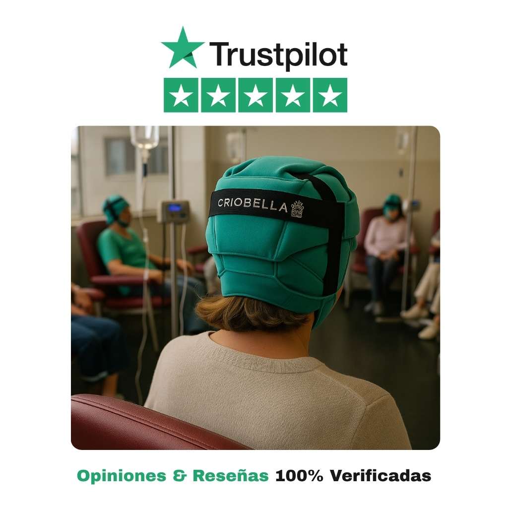 Paciente en quimioterapia usando el gorro frío Criobella con opiniones verificadas en Trustpilot